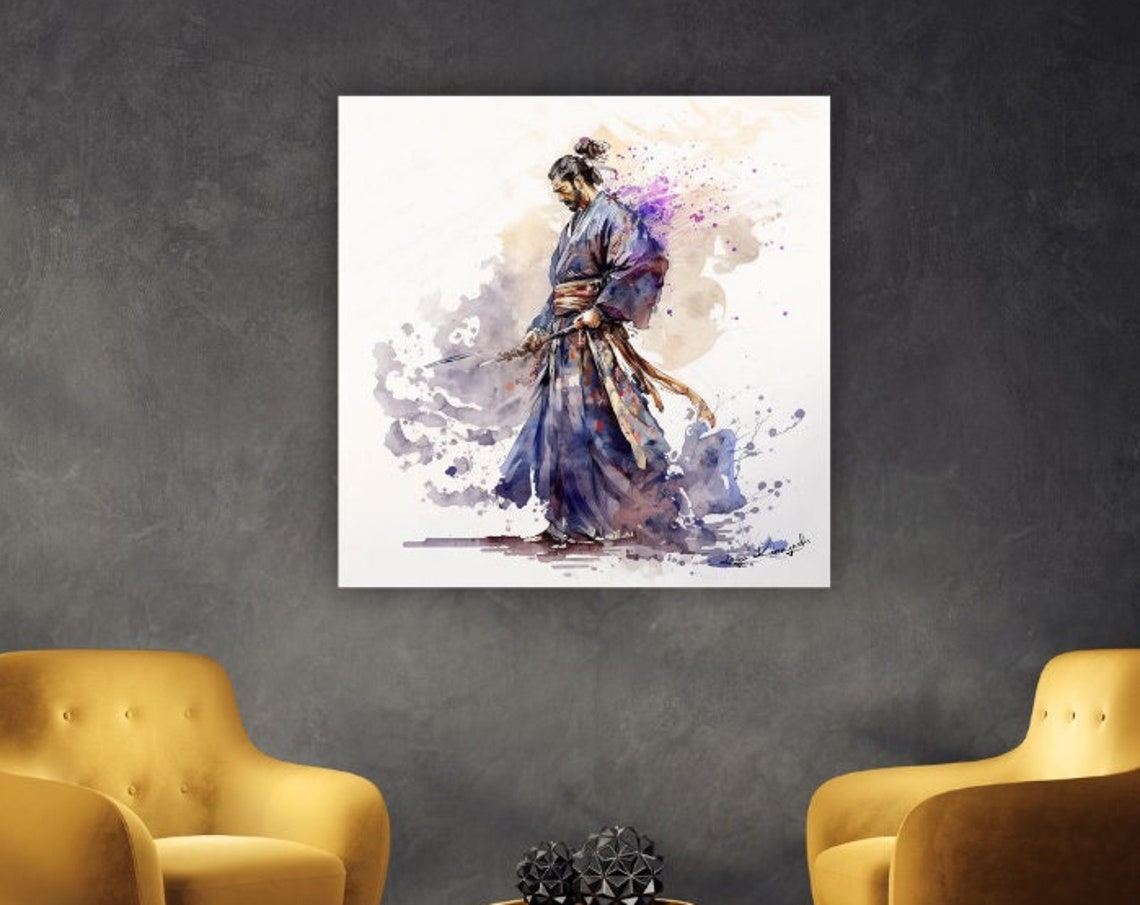 Japanese Samurai Warrior Drawn Katana Blue Kimono Watercolor Poster