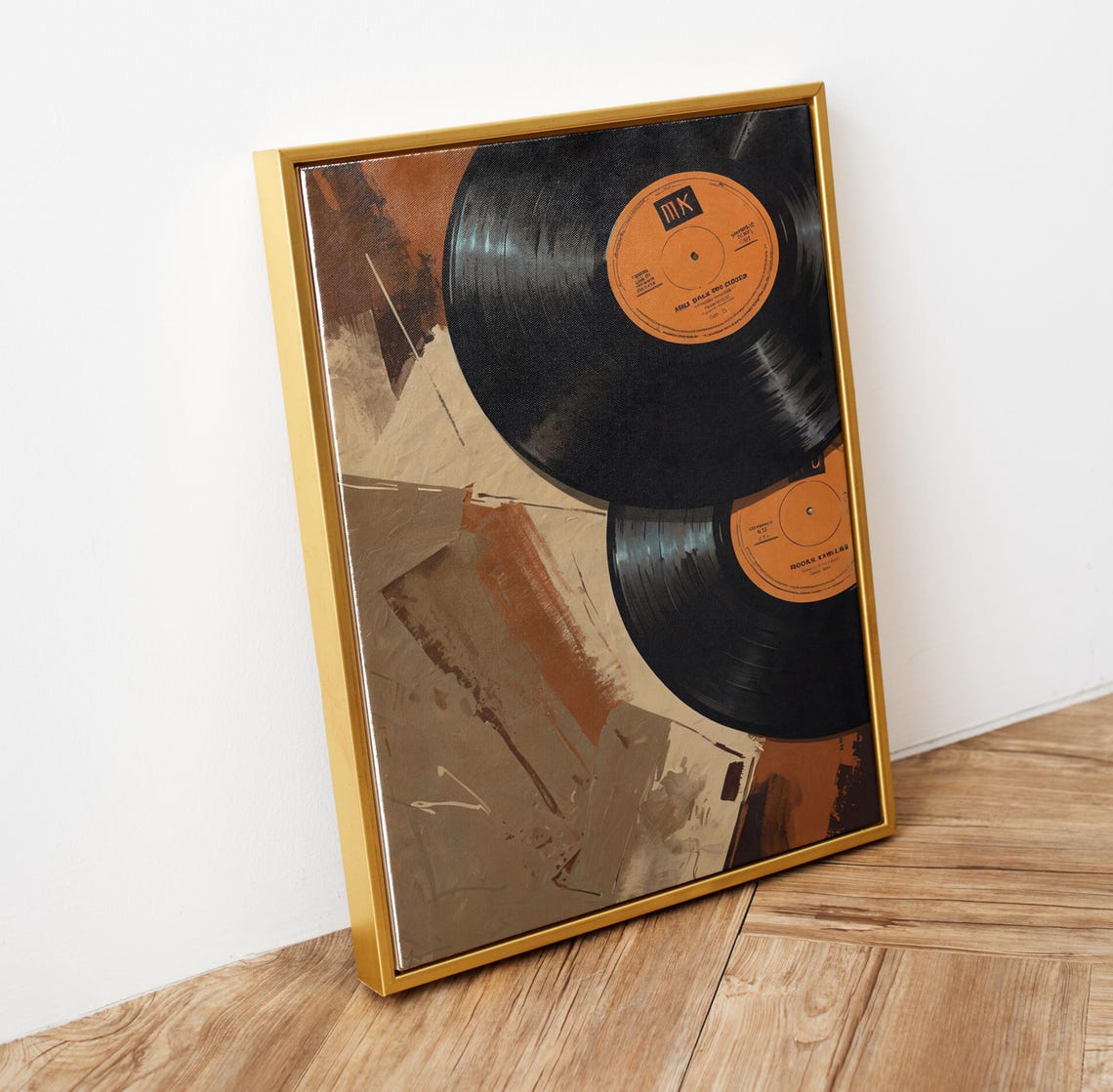Two Retro Vinyl Records with Orange Labels on Abstract Wall Art Print - Image 6
