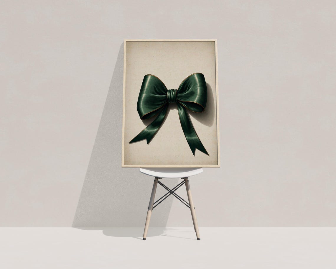 Emerald Green Satin Bow Painting Chic Preppy Girly Room Wall Art - Image 4
