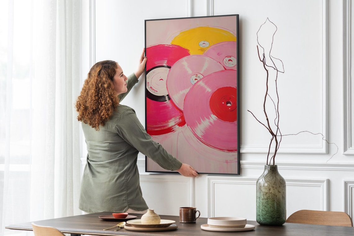 Pink Yellow Vinyl Records Painting Retro Music Room Girly Wall Art - Image 5