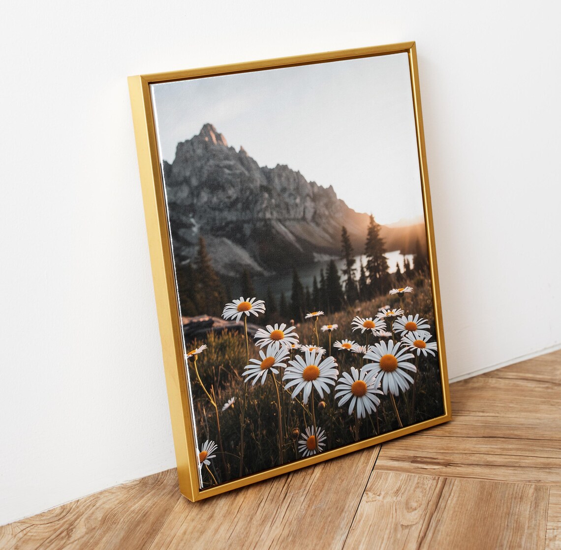 Sunset Daisy Wildflowers Field Alpine Mountain Lake Golden Poster - Image 5