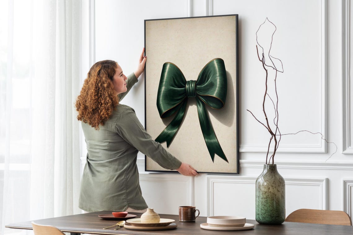 Emerald Green Satin Bow Painting Chic Preppy Girly Room Wall Art - Image 5