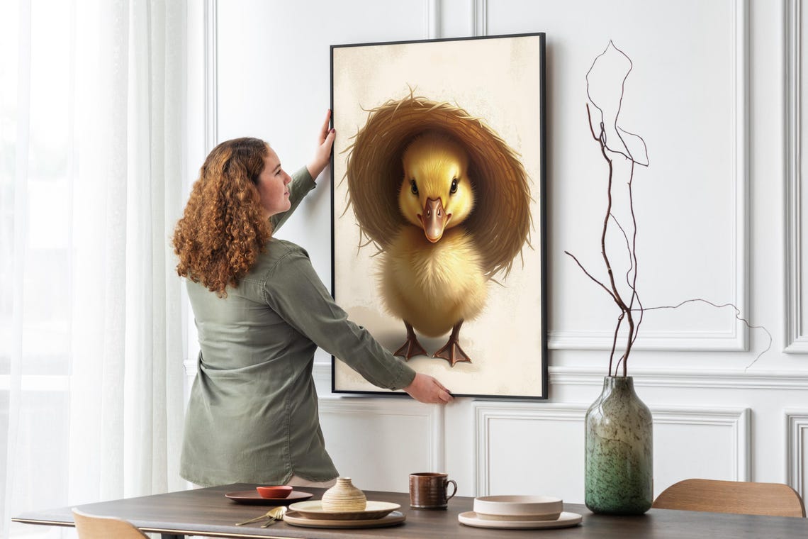 Cute Baby Duck Wearing Straw Hat Nursery Farmhouse Wall Art Print - Image 4