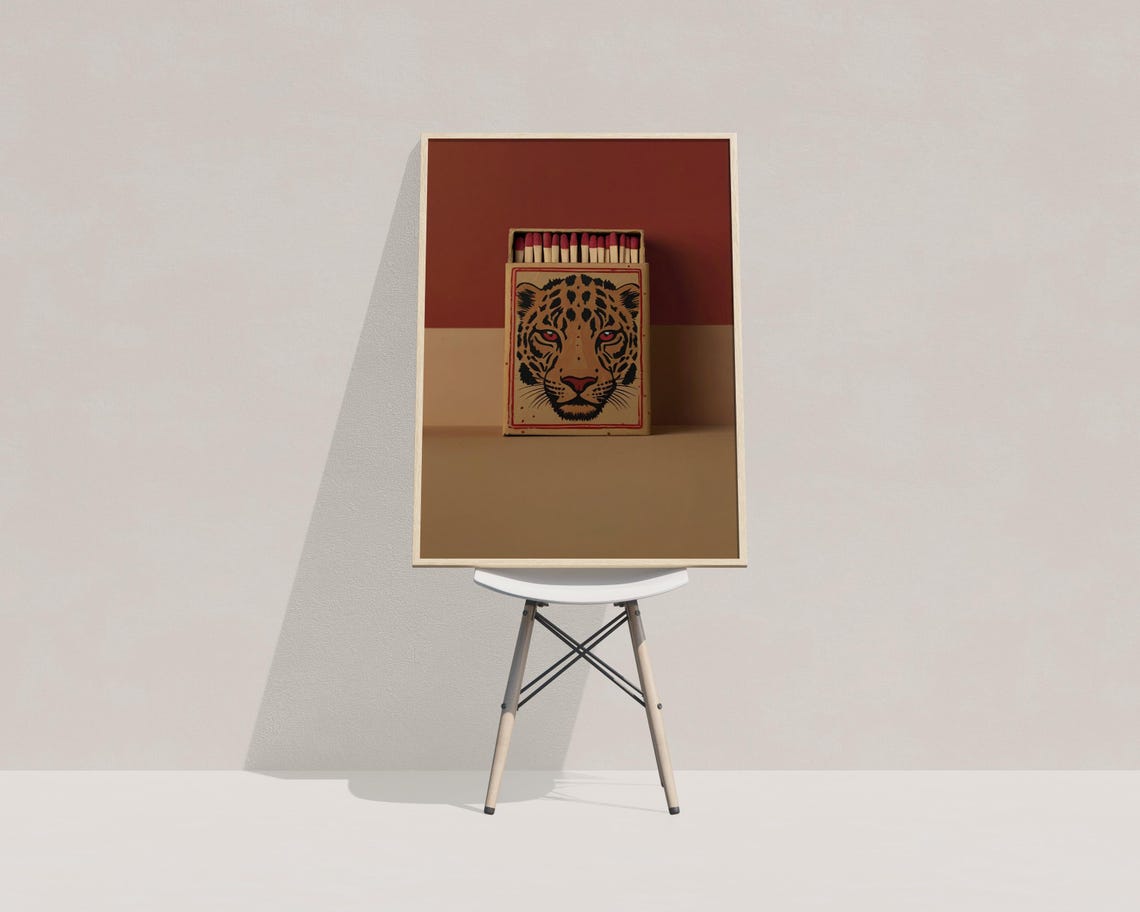 Vintage Leopard Matchbox Cover Red Burnt Orange Retro Wall Poster - Image 3