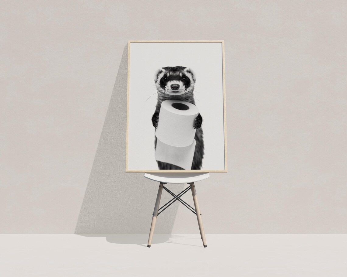 Ferret Holding Toilet Paper Black And White Funny Bathroom Art Poster - Image 3