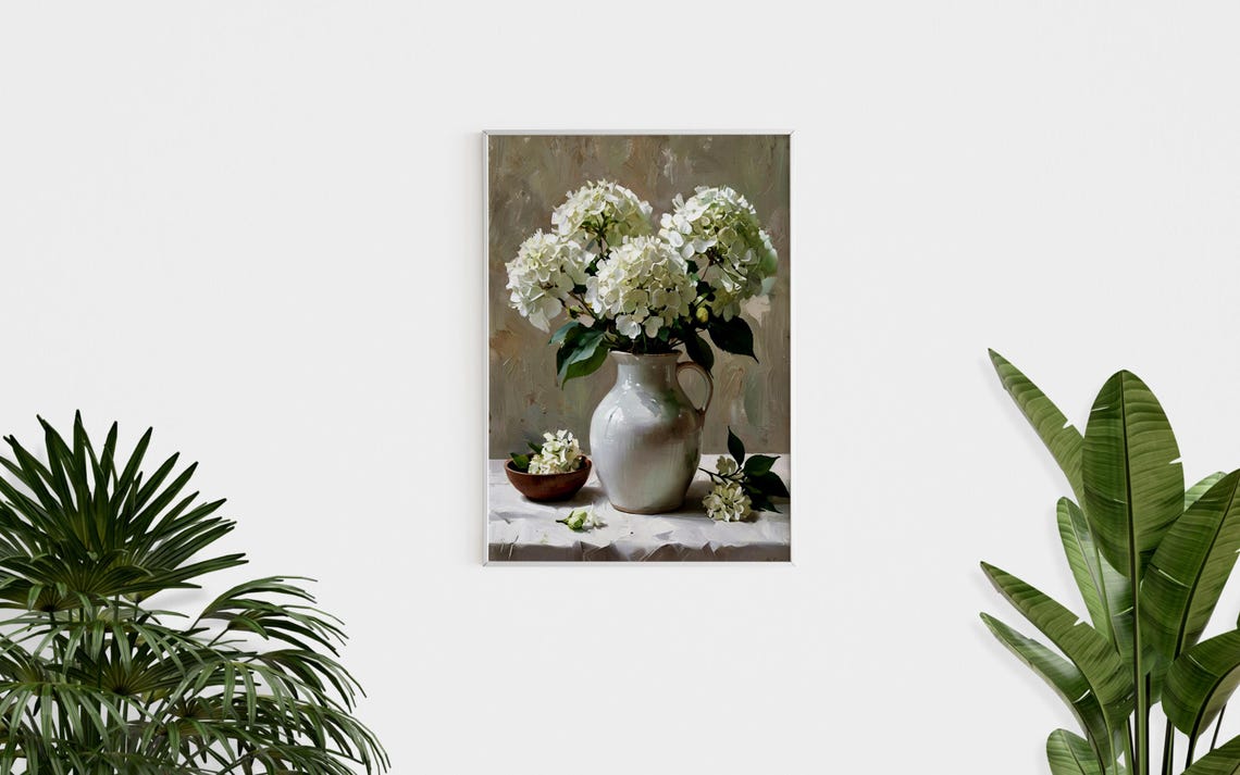 White Hydrangea Bouquet Ceramic Pitcher Oil Painting Floral Poster - Image 2