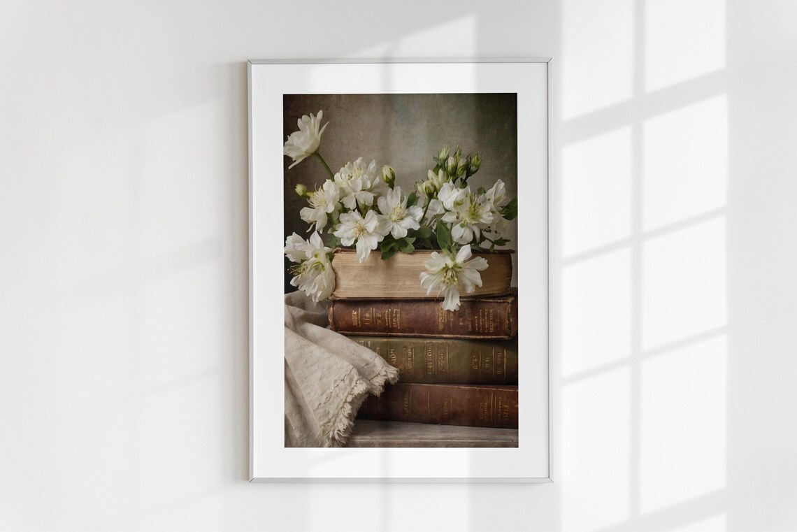 White Flowers Antique Books Stack Dark Academia Still Life Photo Poster - Image 6