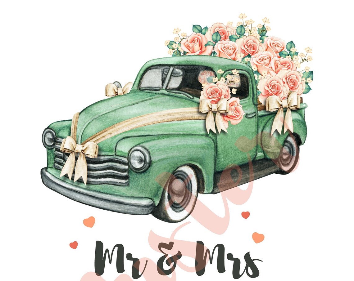Mr and Mrs Green Vintage Pickup Truck with Pink Roses Wedding Poster