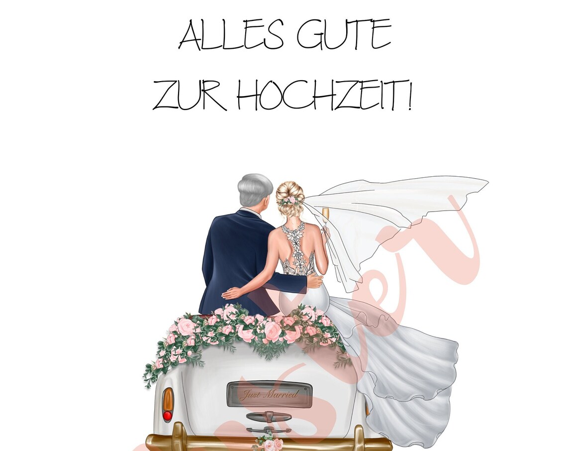 Gray Haired Groom and Blonde Bride on Floral Just Married Car Poster