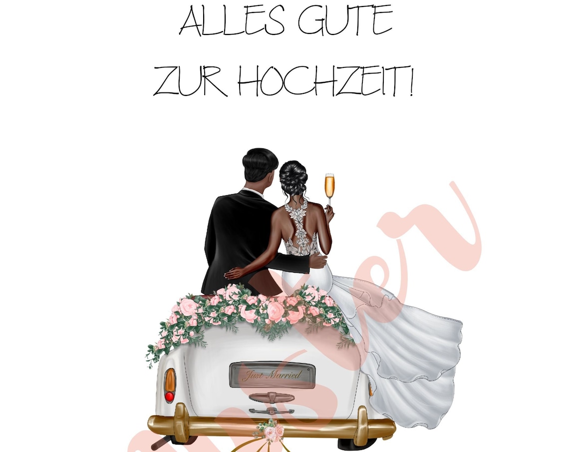 Dark Skinned Couple Champagne Toast on Flower Just Married Car Poster