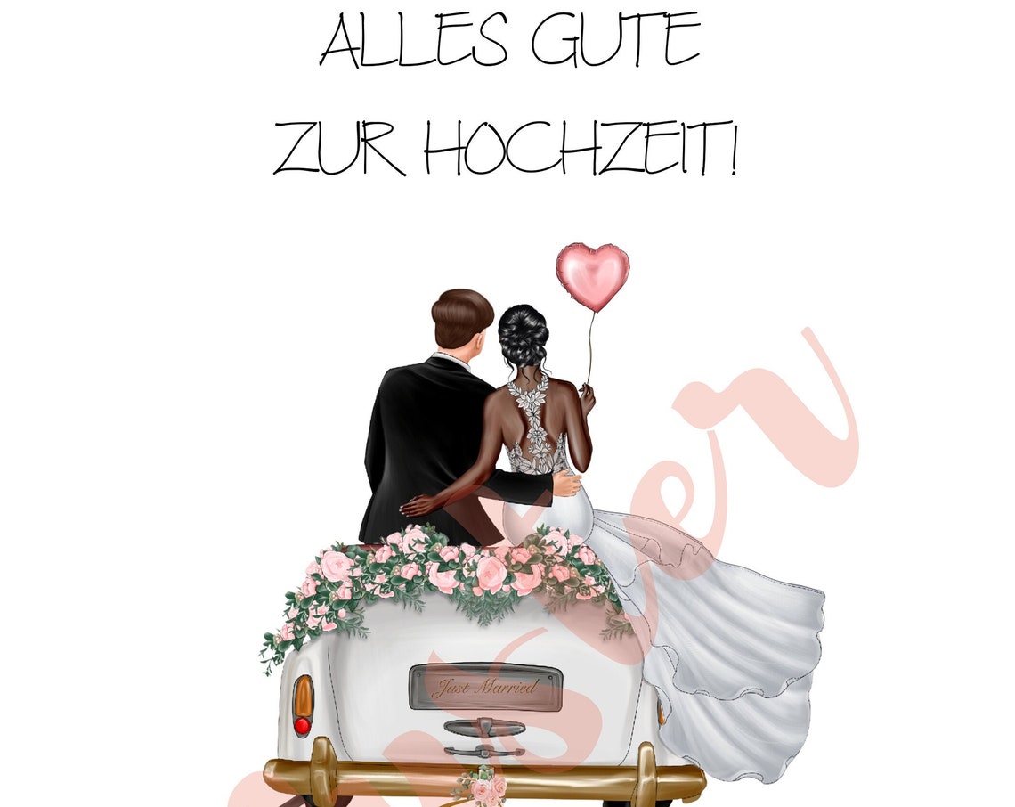 Dark Skinned Bride Heart Balloon Black Suit Groom Wedding Poster
