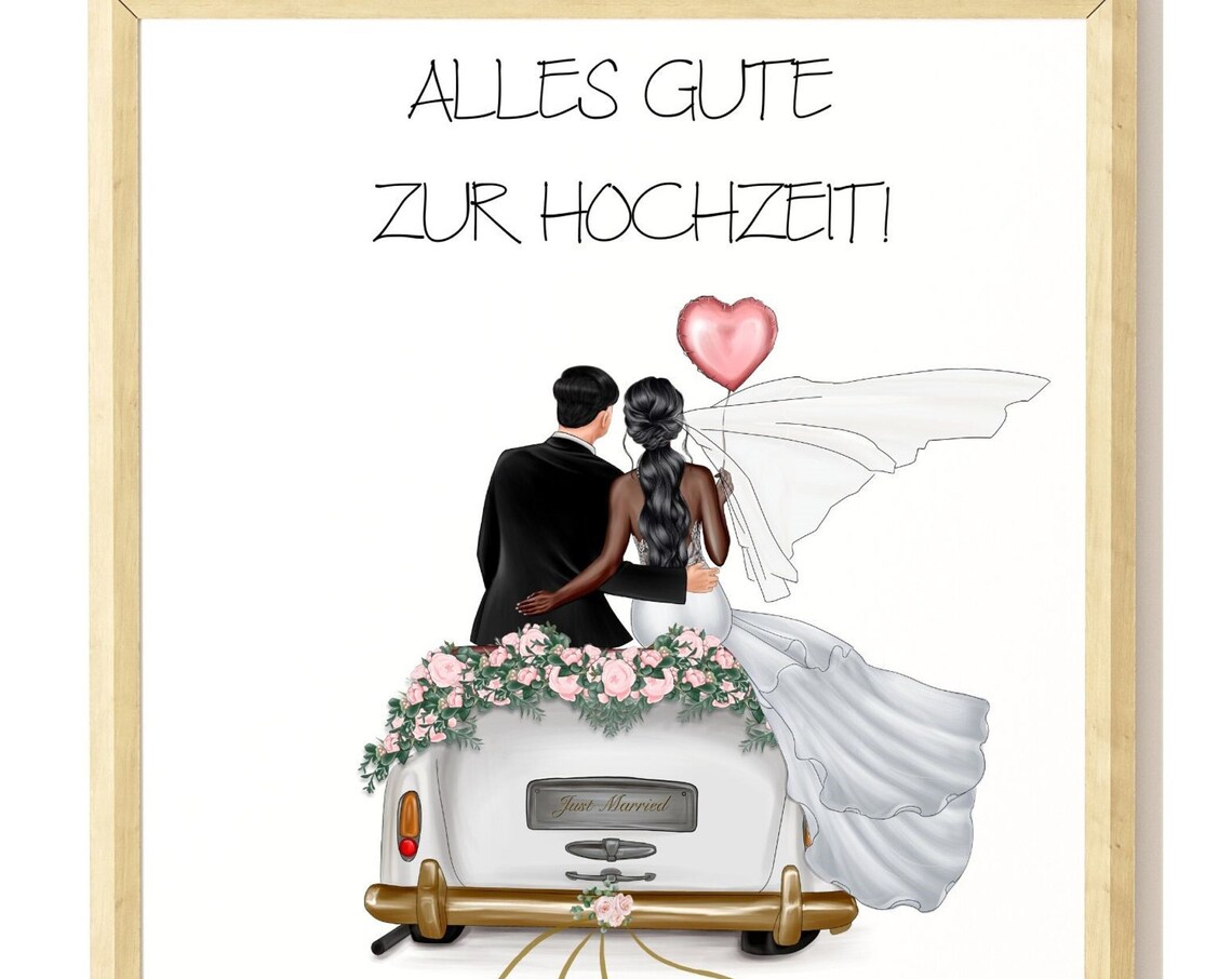 Black Suit Groom and Dark Skinned Bride Heart Balloon Wedding Poster