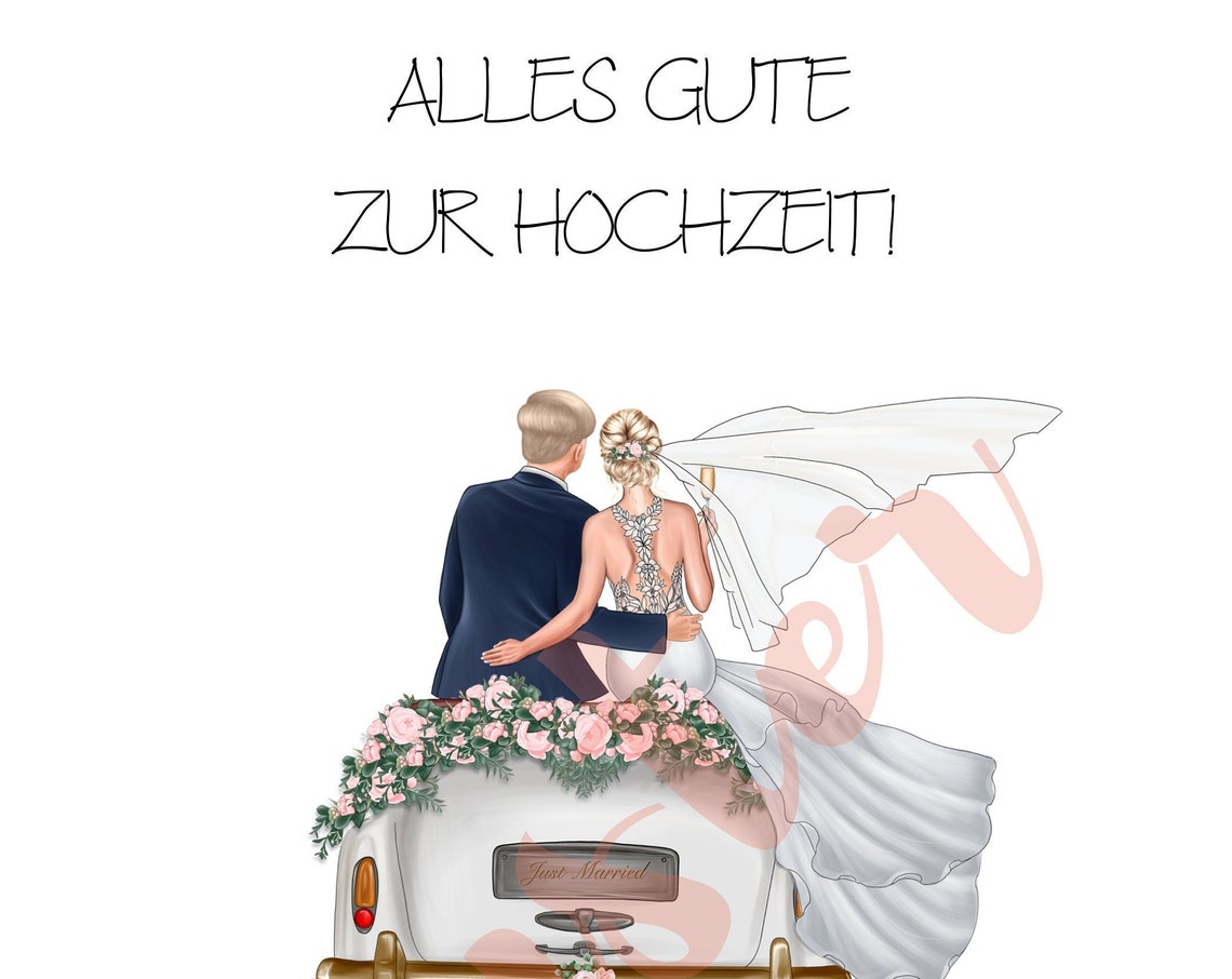 Blonde Flower Crown Bride and Groom on Floral Just Married Car Poster