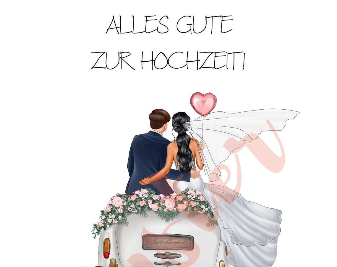 Long Black Ponytail Bride and Groom on Pink Rose Wedding Car Poster