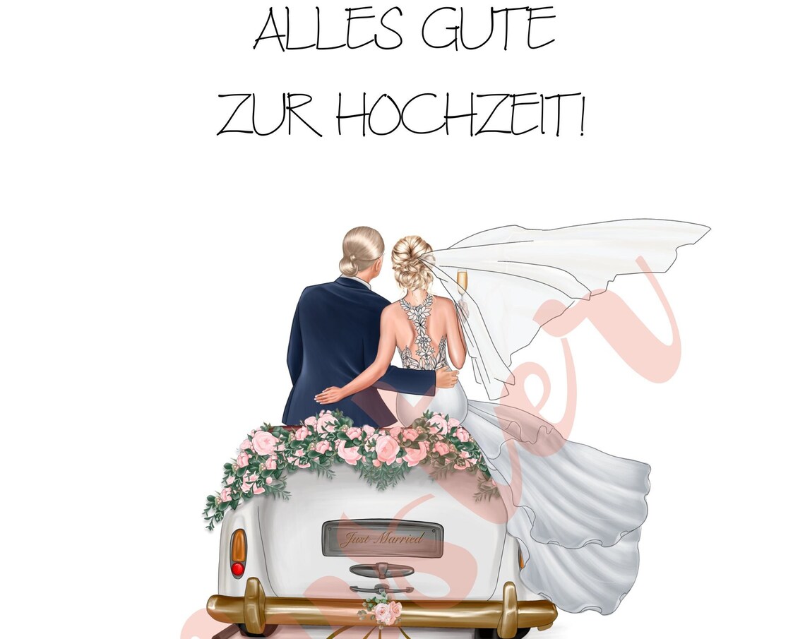 Blonde Couple Lace Back Dress Floral Just Married Car Wedding Poster