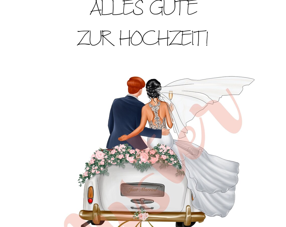 Red Haired Groom Dark Haired Bride Champagne Floral Wedding Car Poster