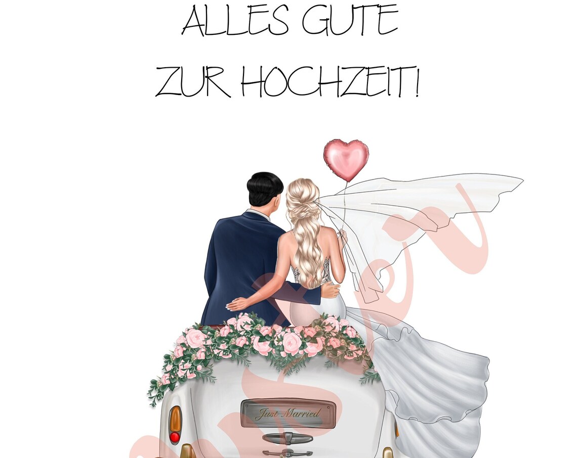 Black Haired Groom Blonde Bride Heart Balloon Just Married Car Poster