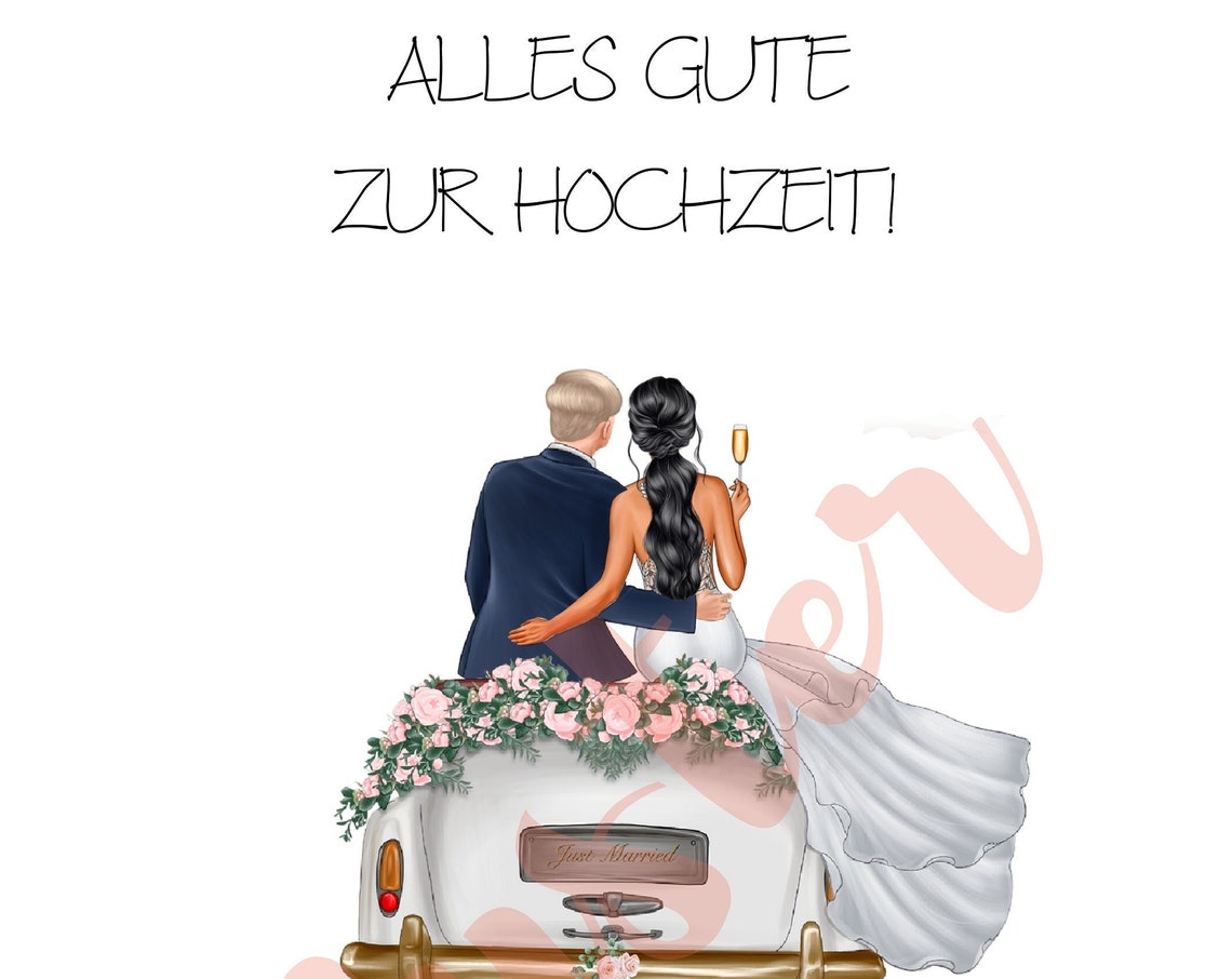 Blonde Groom and Black Braided Bride Champagne Just Married Car Poster