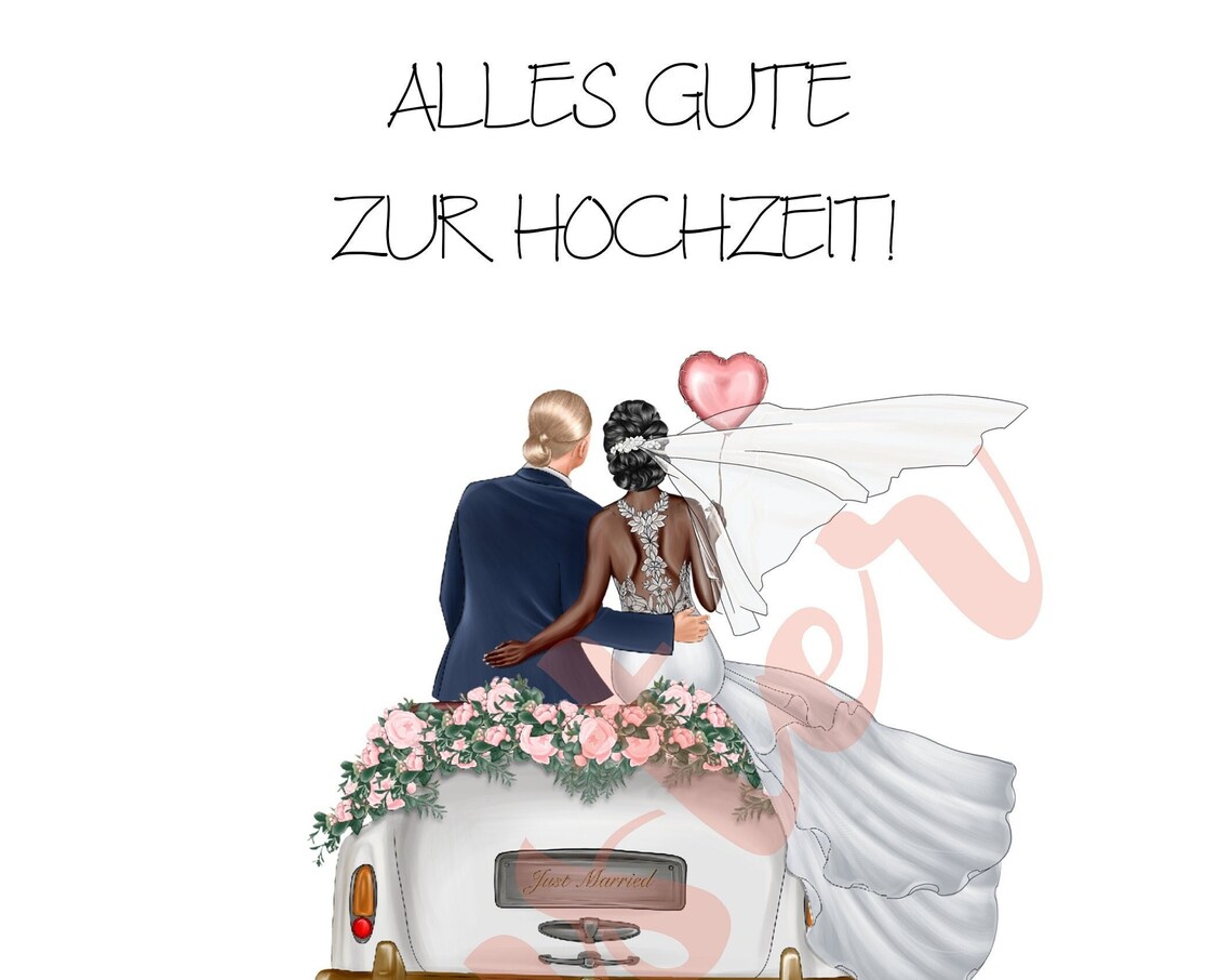 Blonde Groom and Dark Skinned Bride on White Just Married Car Poster