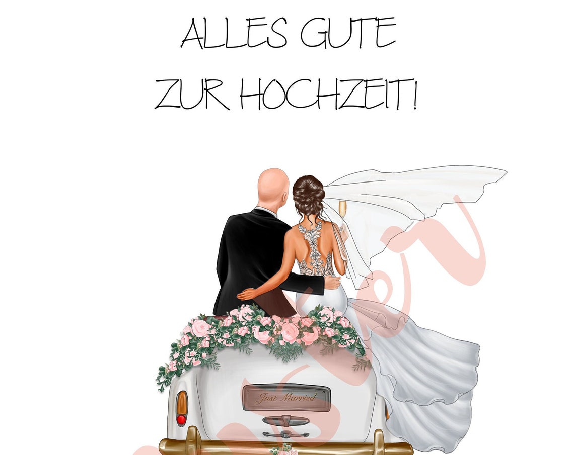 Bald Groom and Brown Haired Bride Champagne Just Married Car Poster