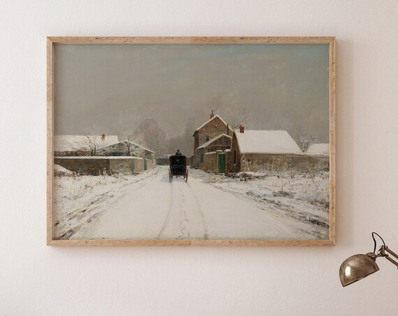 Snowy Winter Village Lane Vintage Farmhouse Painting Christmas Poster