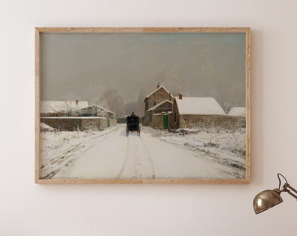 Snowy Winter Village Lane Vintage Farmhouse Painting Christmas Poster