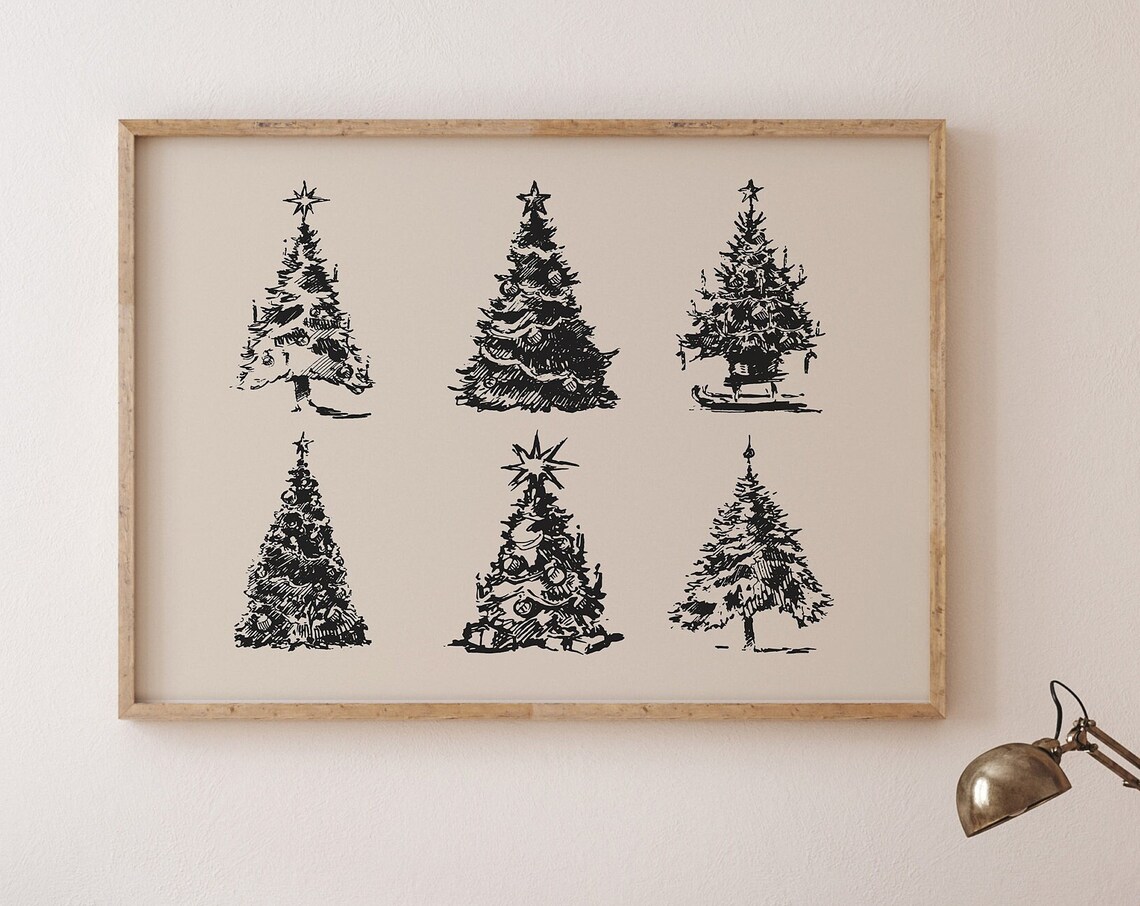 Six Black Ink Christmas Tree Sketches Minimalist Modern Holiday Art Poster - Image 2