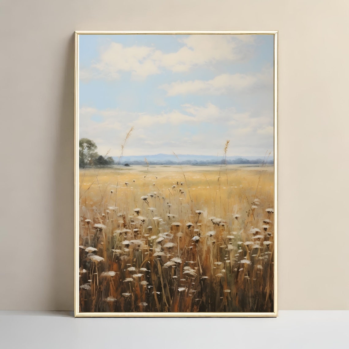 Golden Wheat Field Wildflowers Sunset Impressionist Painting Wall Art - Image 3