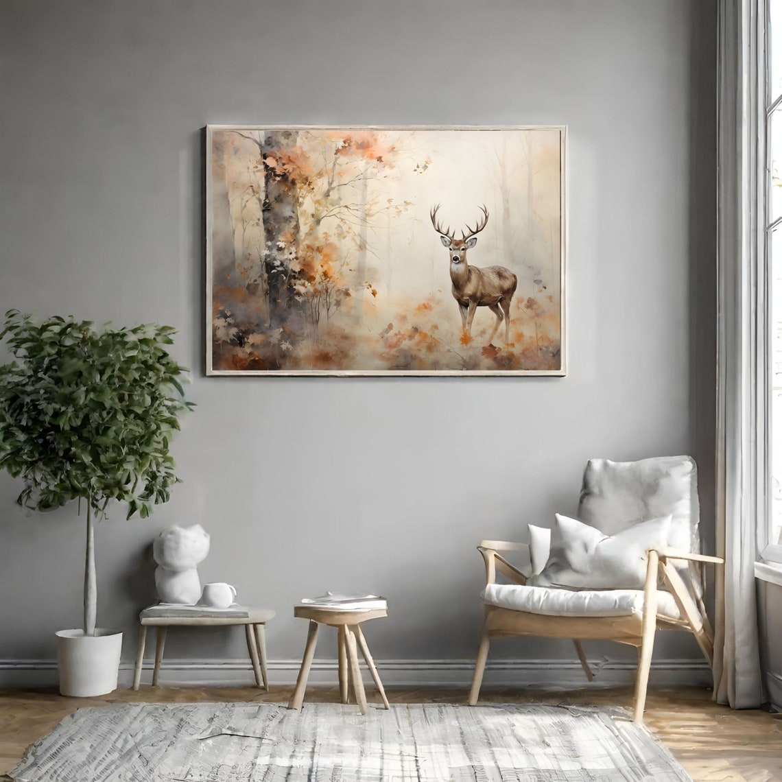 Buck Deer in Misty Autumn Forest Vintage Wildlife Painting Poster - Image 3