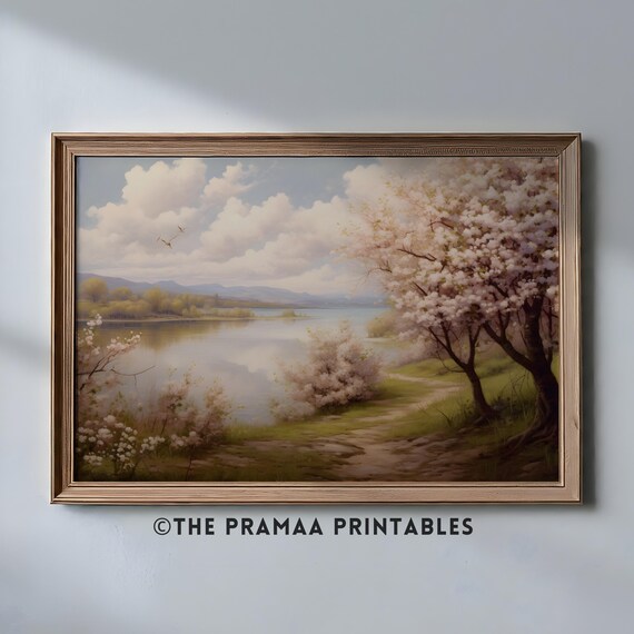 Cherry Blossom Tree by a Calm Lake Spring Landscape Painting Poster