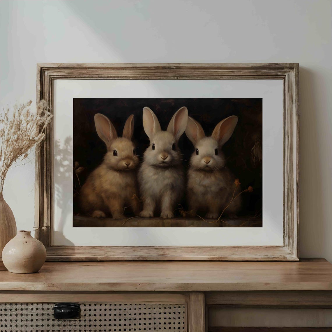 Three Baby Bunnies Sitting Together Moody Vintage Rabbit Poster - Image 3