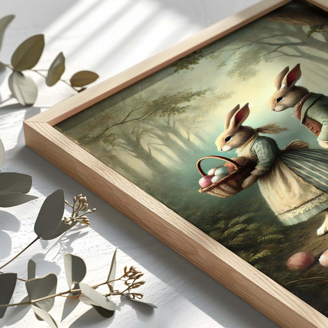 Bunny Couple Strolling in the Forest Easter Eggs Vintage Poster - Image 2