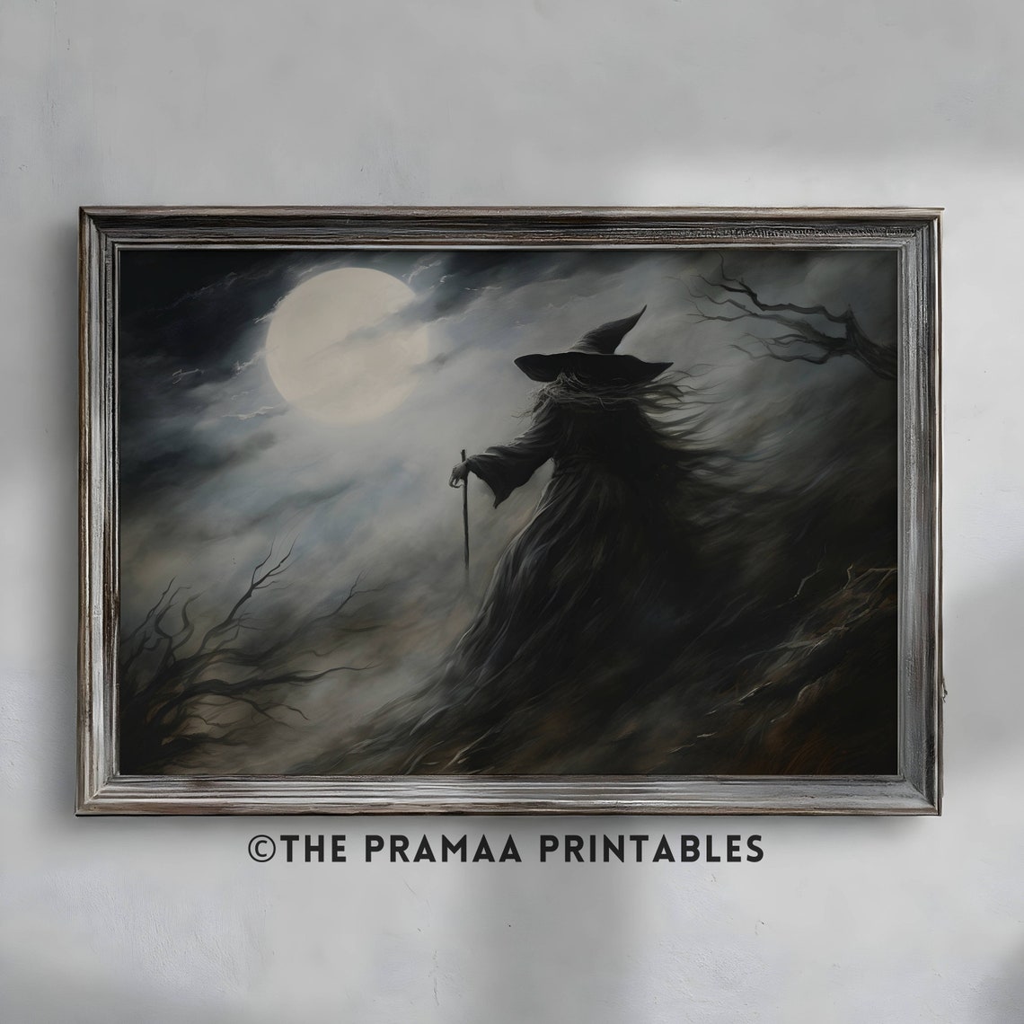 Witch Silhouette Beneath Full Moon Night Mist Dark Academia Poster