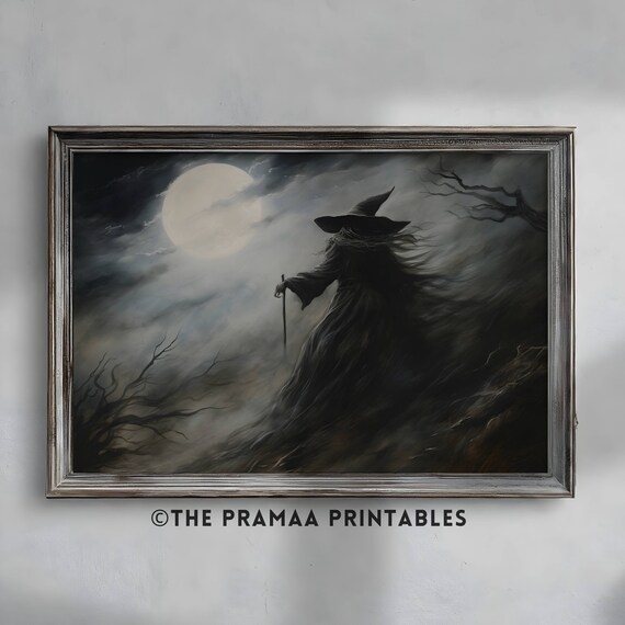 Witch Silhouette Beneath Full Moon Night Mist Dark Academia Poster