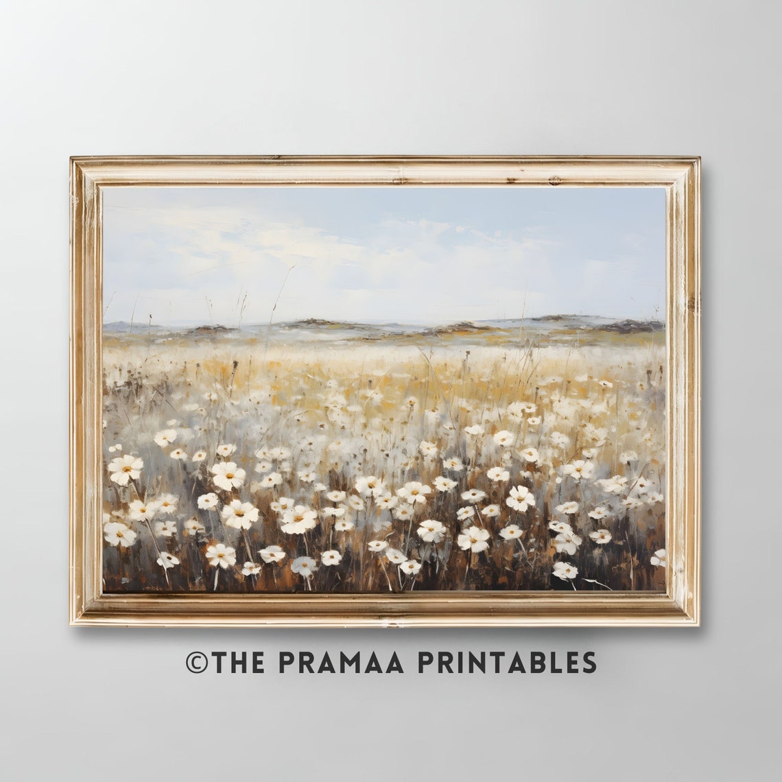 White Daisy Field Under a Soft Sky Rustic Wildflower Painting Poster