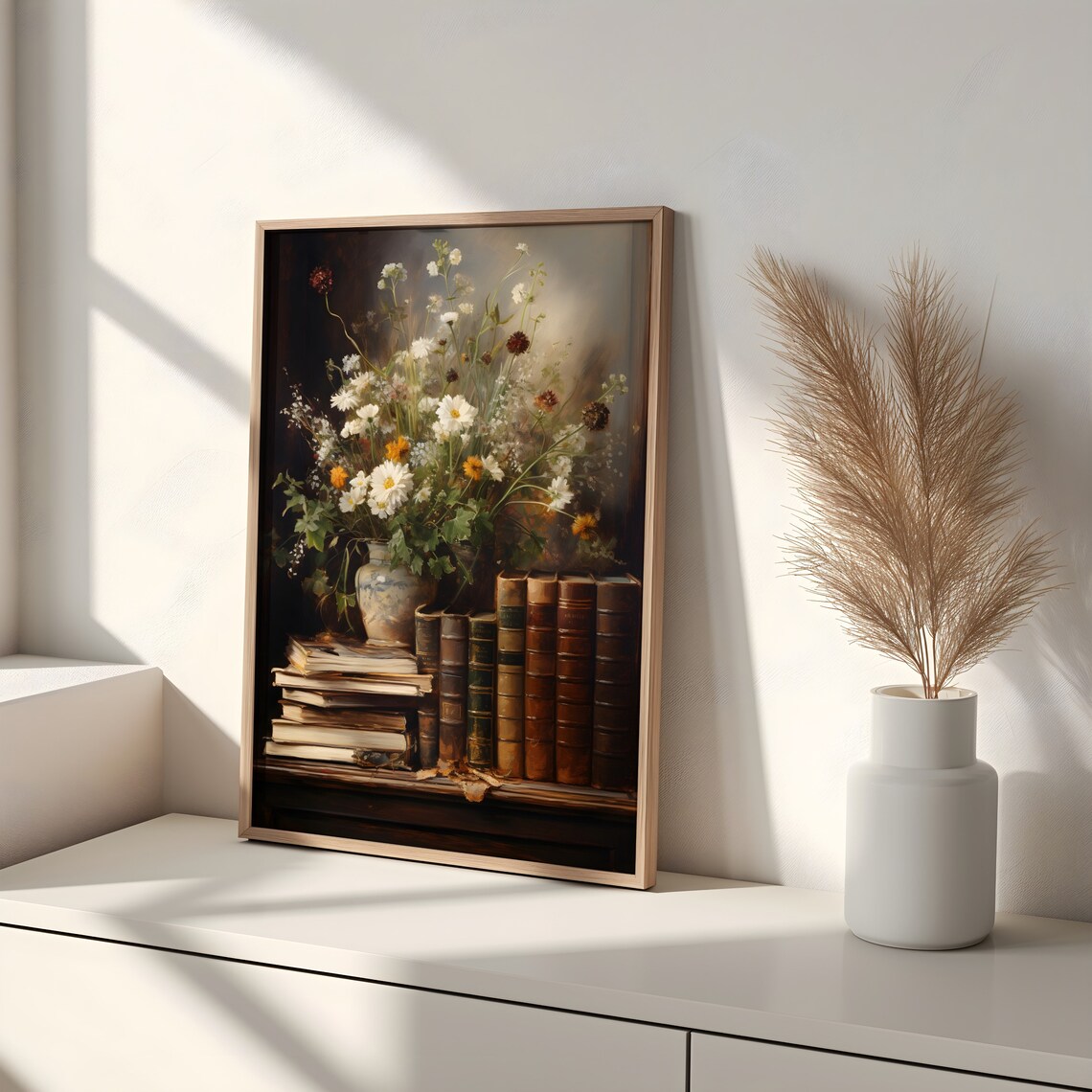 Vintage Wildflower Vase With Antique Books Moody Still Life Wall Art - Image 3