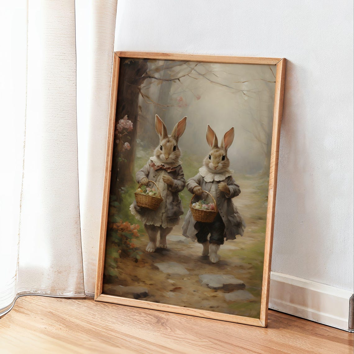 Two Bunnies in Grey Dresses With Easter Baskets Vintage Poster - Image 3