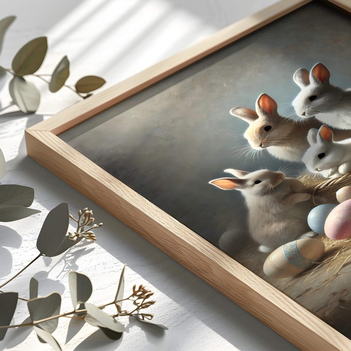 Bunnies With Basket of Pastel Easter Eggs Vintage Spring Poster - Image 2