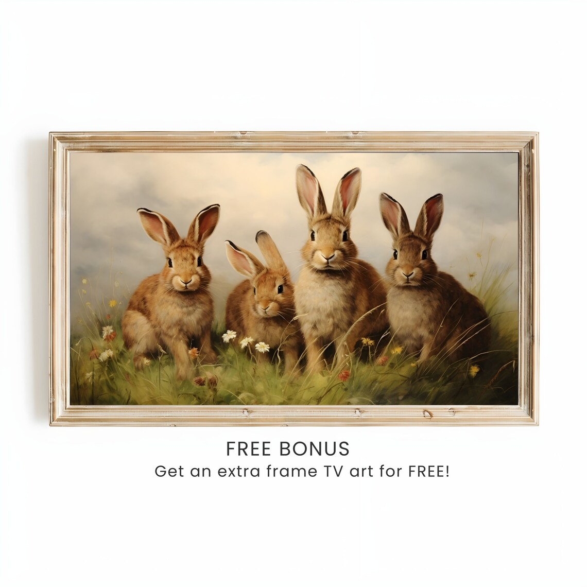 Four Vintage Rabbits Meadow Scene Classic Animal Painting Wall Art - Image 3
