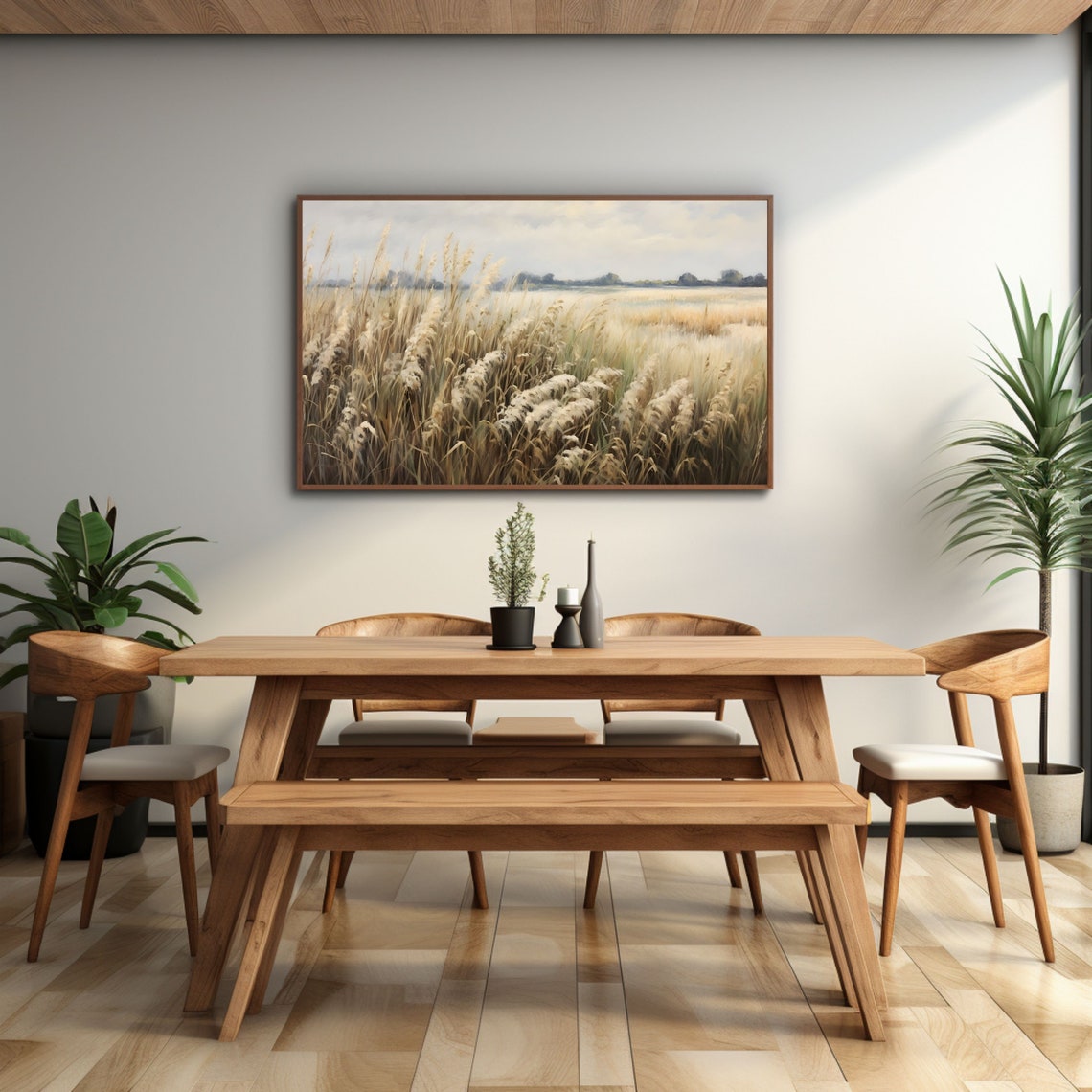 Tall Wild Grasses in Wind Neutral Vintage Meadow Painting Poster - Image 3