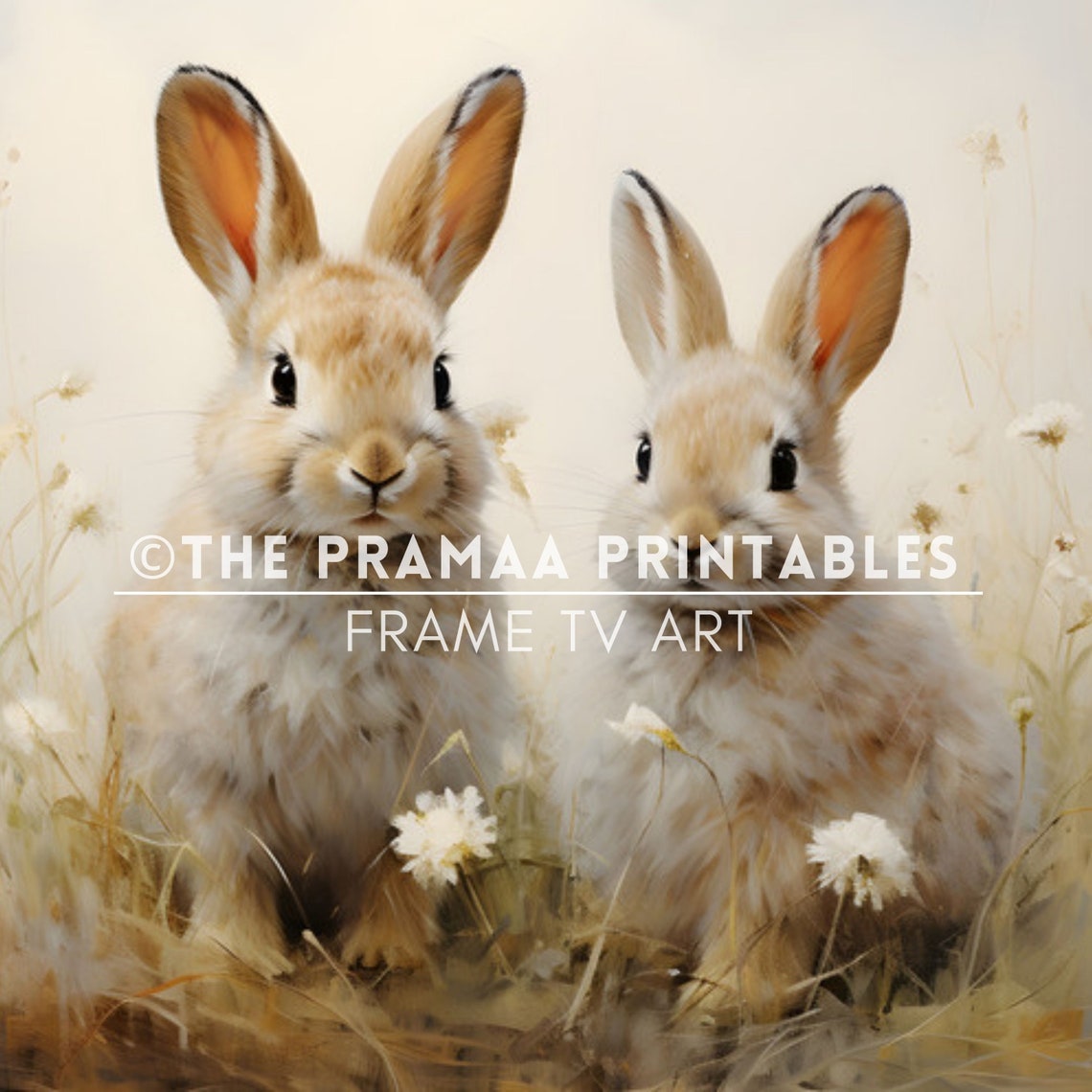 Two Bunnies in Spring Meadow Vintage Rabbit Oil Painting Poster - Image 2