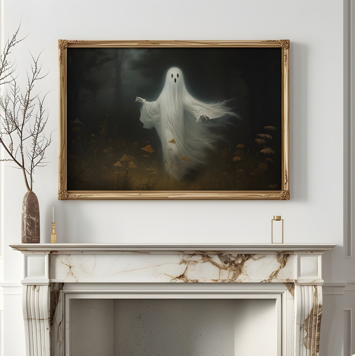 Cute Ghost in a Dark Autumn Forest Spooky Halloween Painting Poster - Image 3
