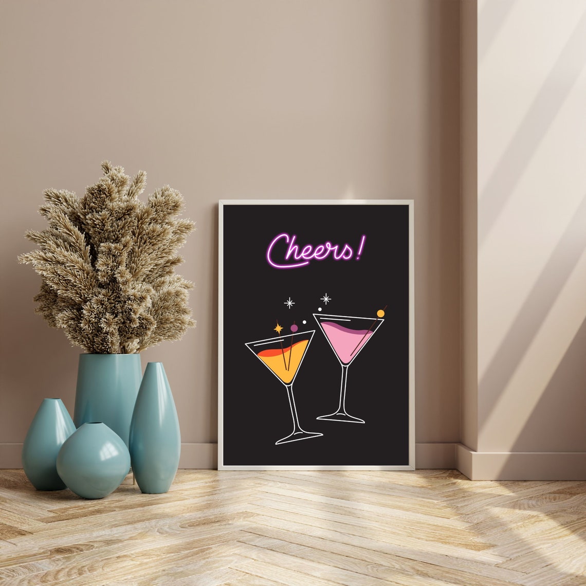 Cheers Neon Sign Cocktail Bar Minimalist Black Kitchen Poster - Image 2