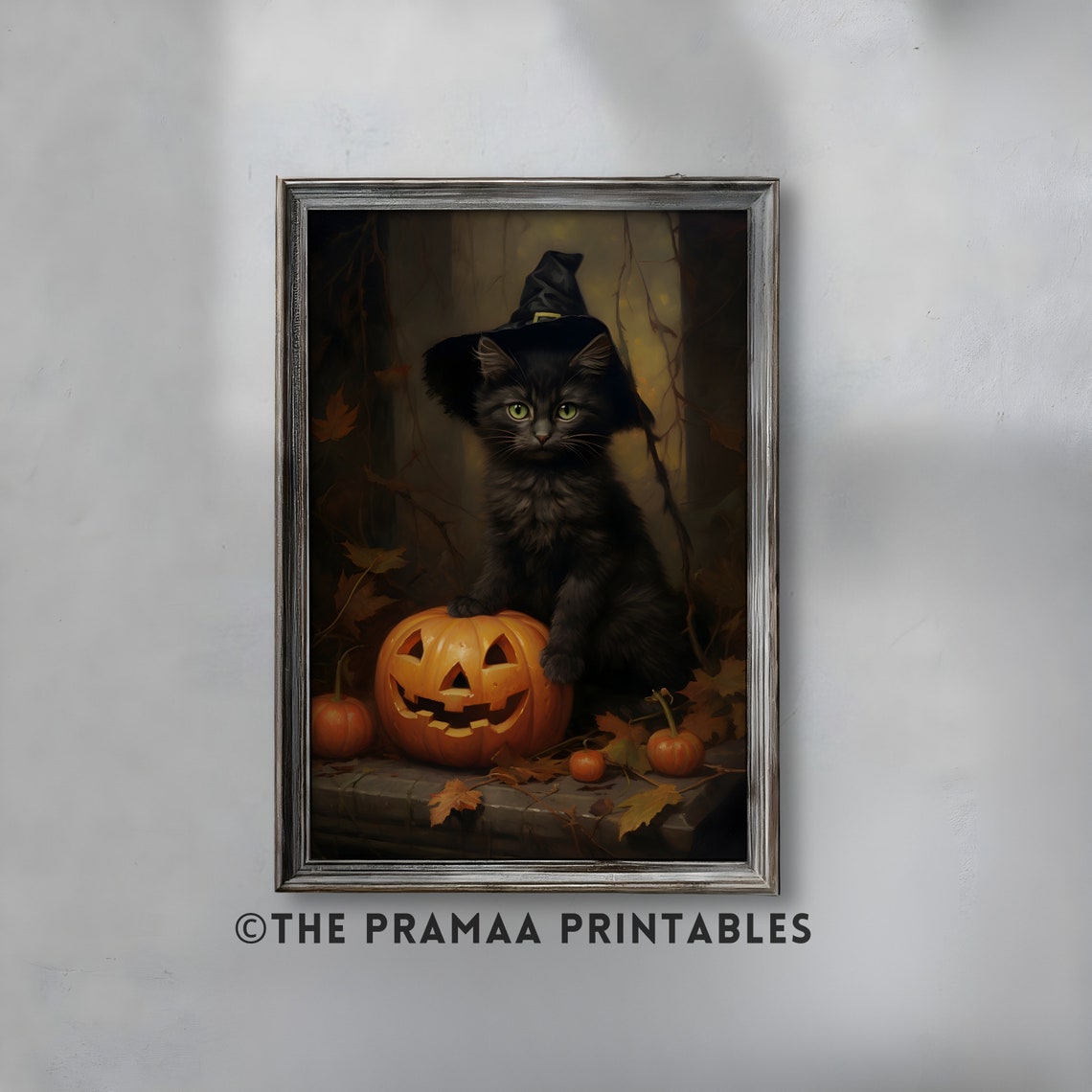Black Kitten in Witch Hat with Jack O Lantern Halloween Poster