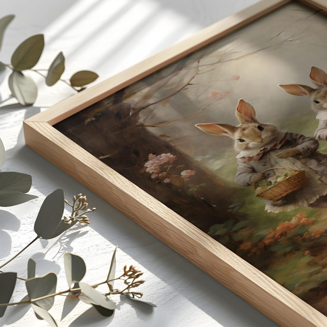 Two Bunnies in Grey Dresses With Easter Baskets Vintage Poster - Image 2