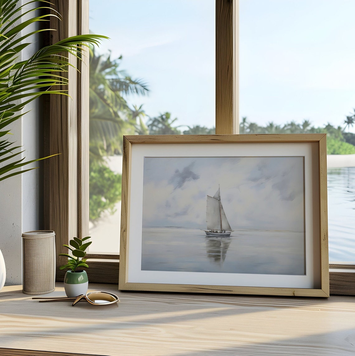 Lone Sailboat on a Calm Misty Sea Minimalist Nautical Painting Poster - Image 2