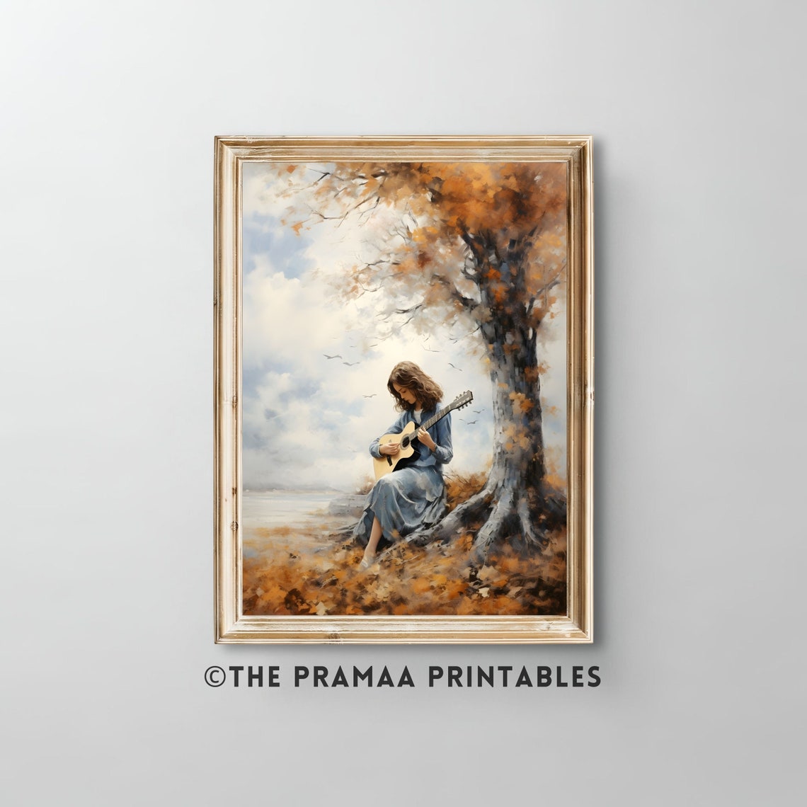 Girl Playing Guitar Under an Autumn Tree by the Lake Painting Poster