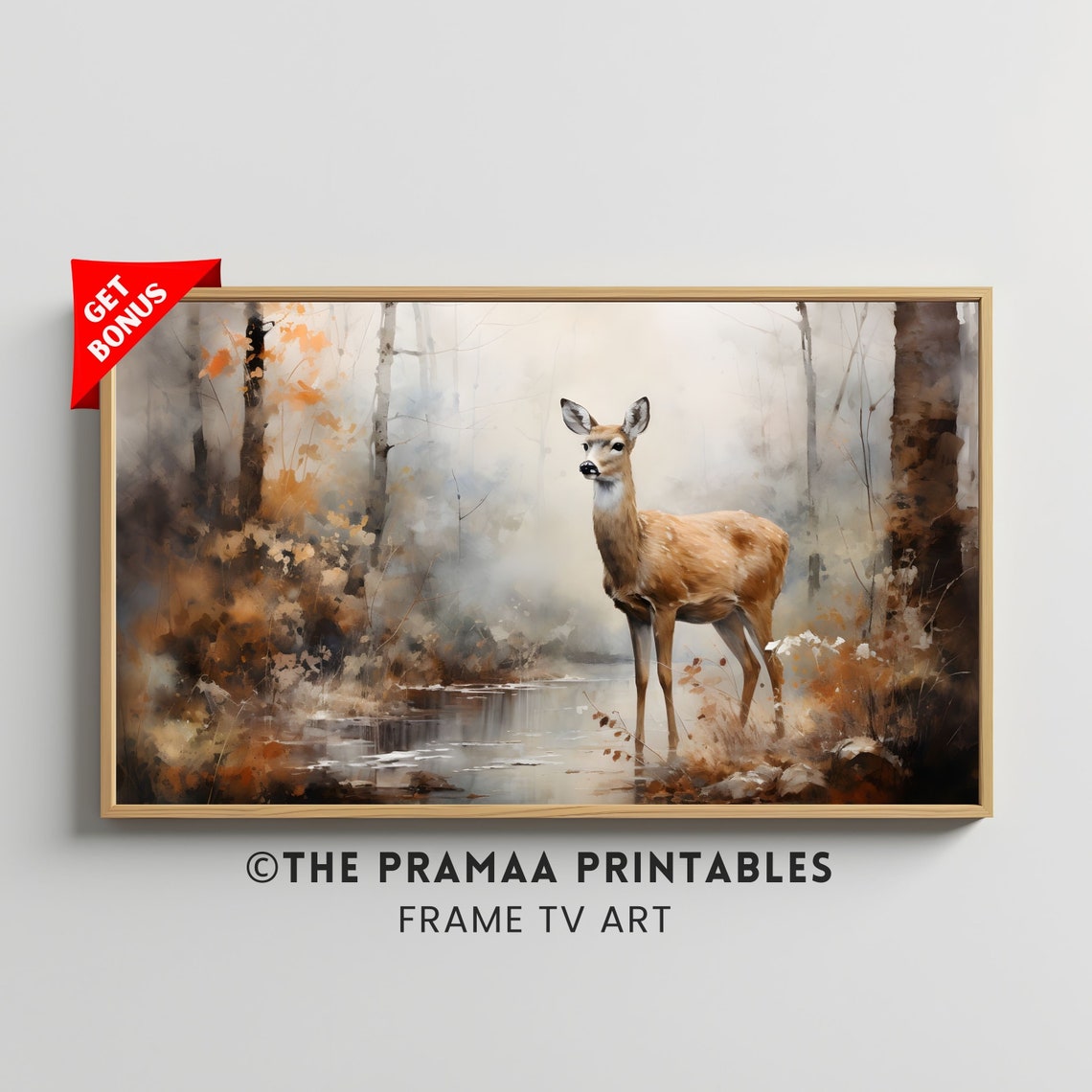 Deer Misty Autumn Forest Stream Wildlife Vintage Fall Poster