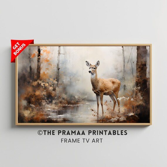 Deer Misty Autumn Forest Stream Wildlife Vintage Fall Poster