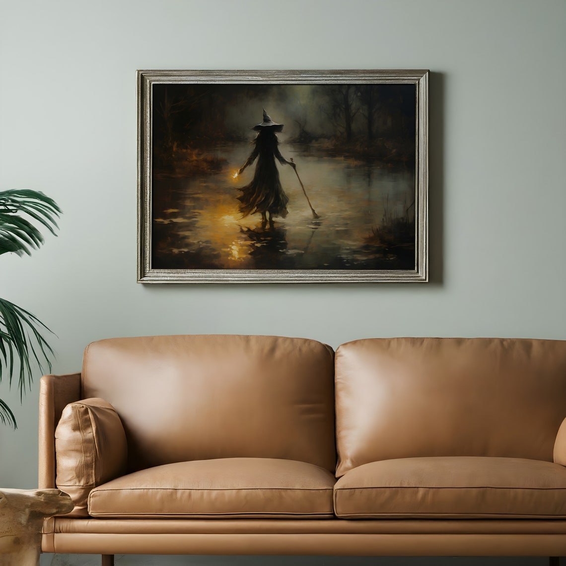 Witch Wading Misty Marsh Night Lantern Vintage Oil Painting Poster - Image 2